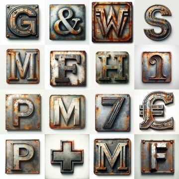 Meatal grange and rusty Lettering Typeface. AI generated illustration