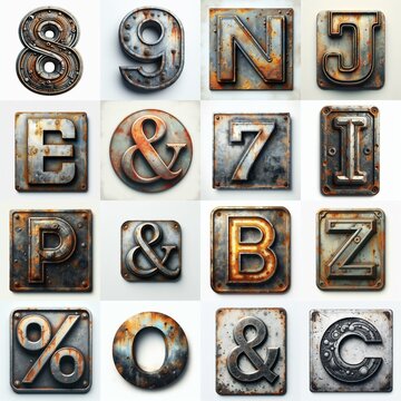 Meatal grange and rusty Lettering Typeface. AI generated illustration
