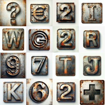 Meatal grange and rusty Lettering Typeface. AI generated illustration