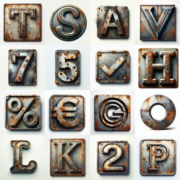 Meatal grange and rusty Lettering Typeface. AI generated illustration