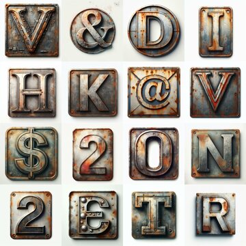 Meatal grange and rusty Lettering Typeface. AI generated illustration