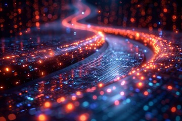 Poster - This image captures a fast-paced digital highway curving through a futuristic cityscape