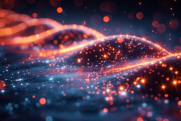 Fototapete - An image depicting glowing particles and waves that simulate a dynamic and flowing abstract digital environment