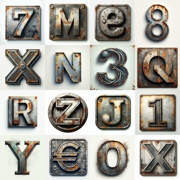 Meatal grange and rusty Lettering Typeface. AI generated illustration