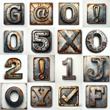 Meatal grange and rusty Lettering Typeface. AI generated illustration