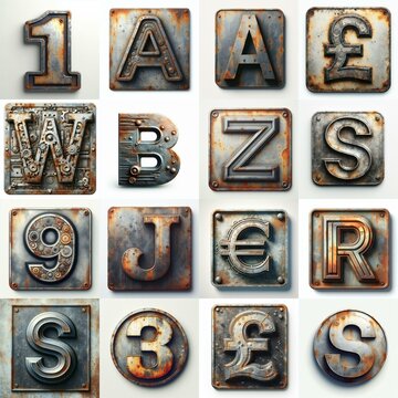 Meatal grange and rusty Lettering Typeface. AI generated illustration