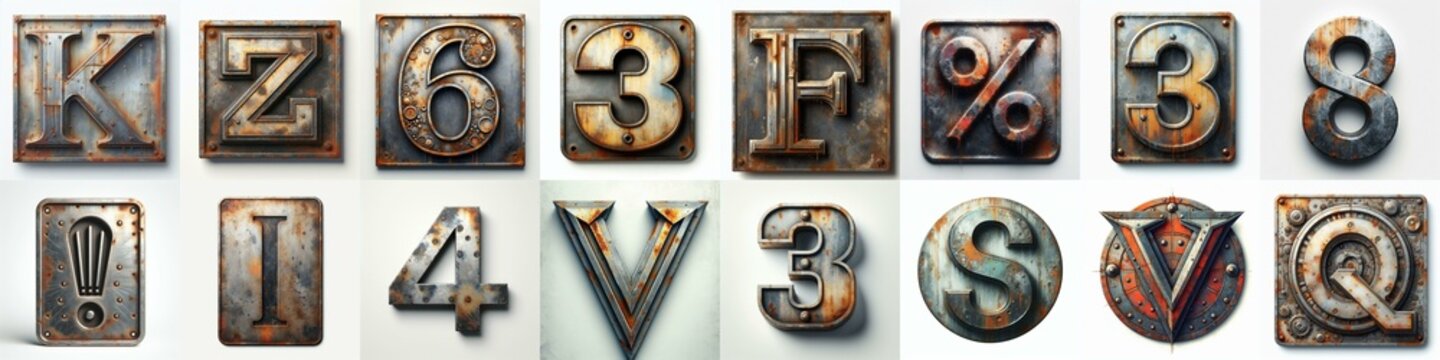 Meatal grange and rusty Lettering Typeface. AI generated illustration