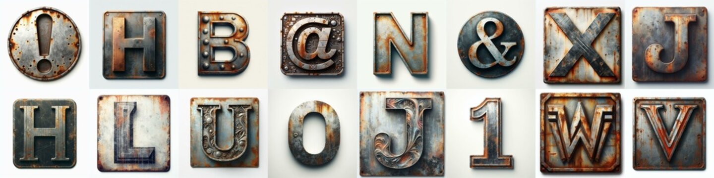 Meatal grange and rusty Lettering Typeface. AI generated illustration