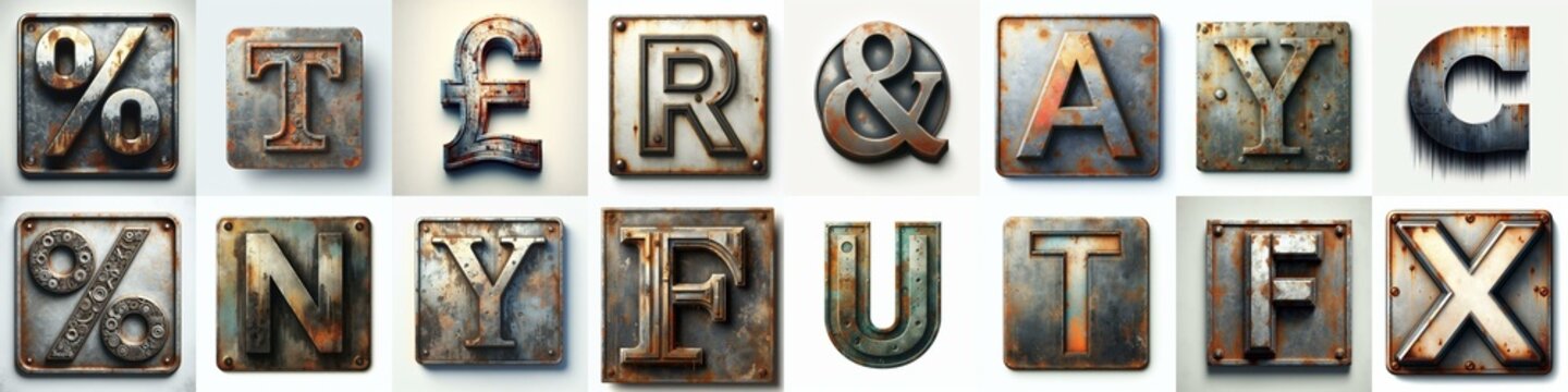Meatal grange and rusty Lettering Typeface. AI generated illustration