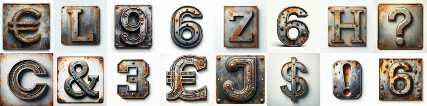 Meatal grange and rusty Lettering Typeface. AI generated illustration
