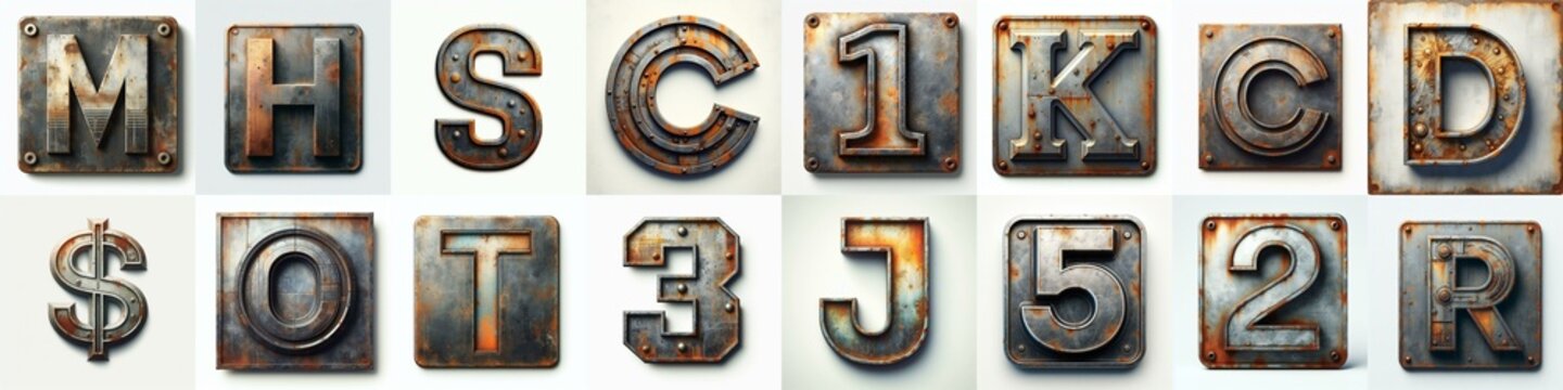 Meatal grange and rusty Lettering Typeface. AI generated illustration