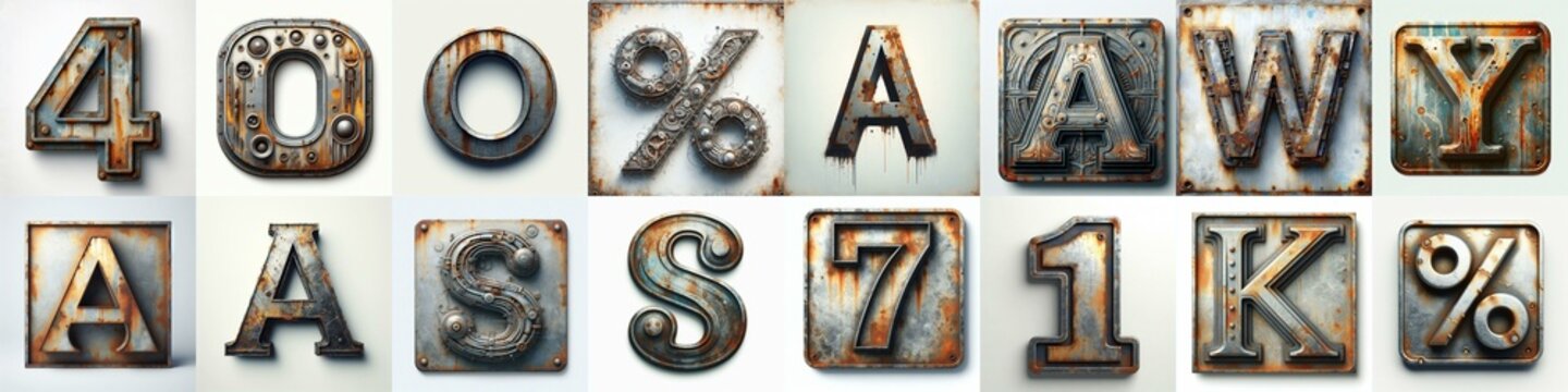 Meatal grange and rusty Lettering Typeface. AI generated illustration