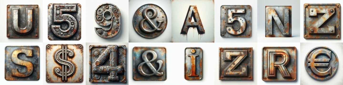 Meatal grange and rusty Lettering Typeface. AI generated illustration