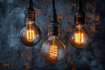 Poster - Focus on the intricate filaments within Edison bulbs, exuding a warm, inviting golden glow on a distressed grey background