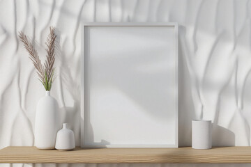 Wall Mural - Empty white poster frame mockup on wooden shelf, trapezoid pattern. Modern bedroom interior design with white walls and home decorations. Generative AI