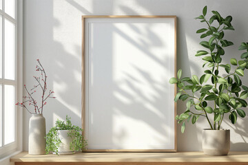 Wall Mural - Empty white poster frame mockup on wooden shelf, trapezoid pattern. Modern bedroom interior design with white walls and home decorations. Generative AI