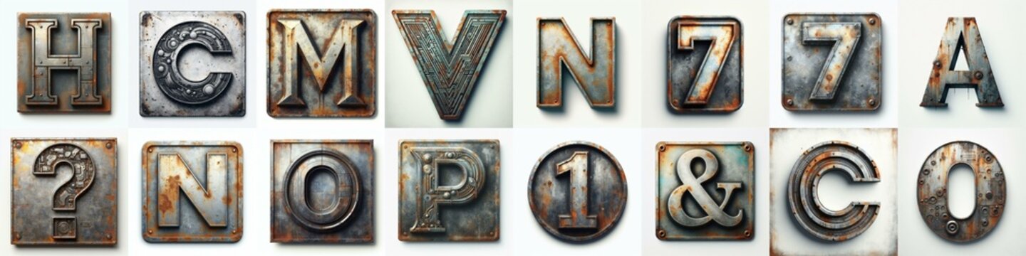 Metal grunge and rusty Lettering Typeface. AI generated illustration