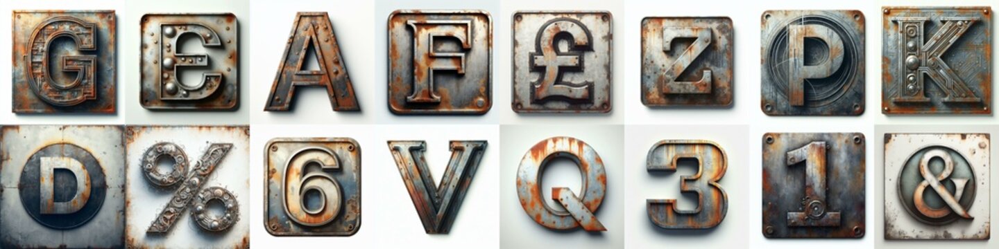 Metal grunge and rusty Lettering Typeface. AI generated illustration