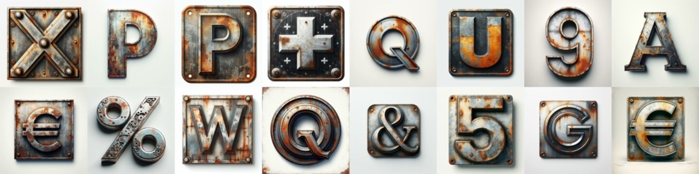 Meatal grange and rusty Lettering Typeface. AI generated illustration