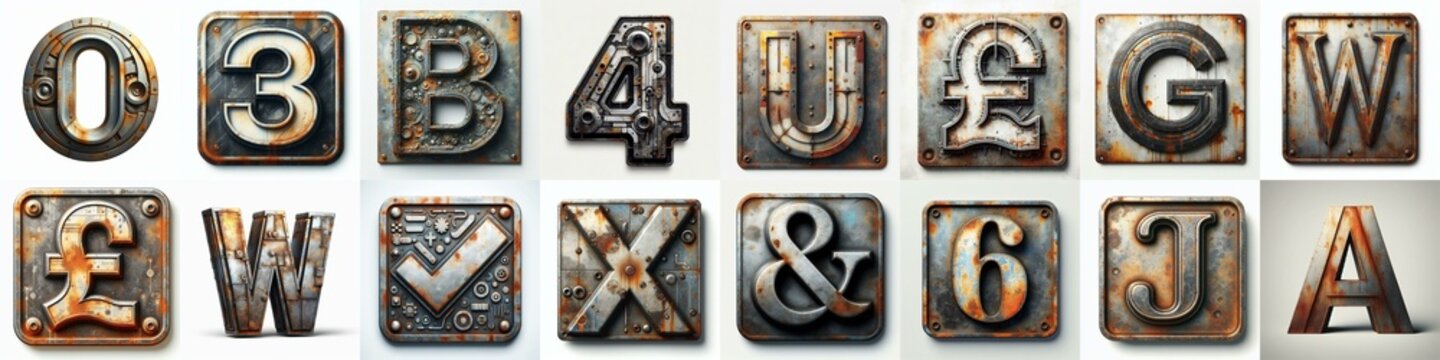 Meatal grange and rusty Lettering Typeface. AI generated illustration