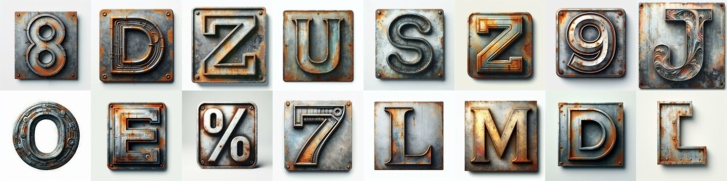 Meatal grange and rusty Lettering Typeface. AI generated illustration