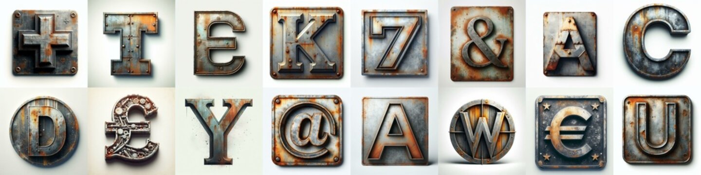 Meatal grange and rusty Lettering Typeface. AI generated illustration
