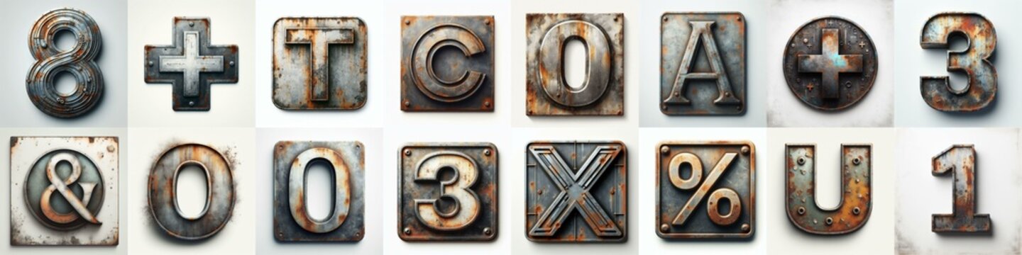 Meatal grange and rusty Lettering Typeface. AI generated illustration