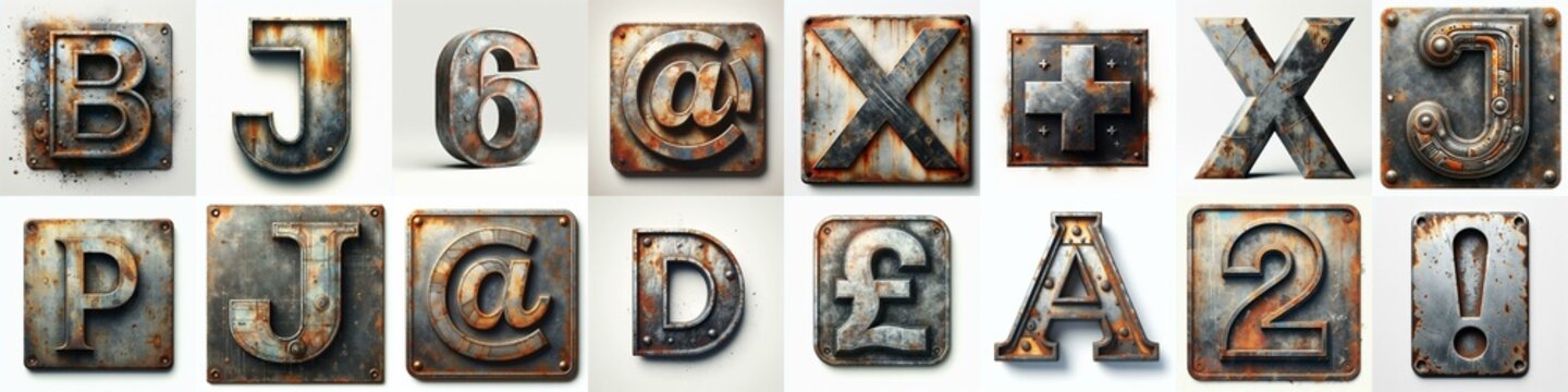 Meatal grange and rusty Lettering Typeface. AI generated illustration