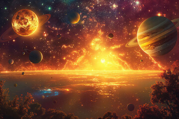 Wall Mural - surreal solar system: a celestial canvas of wonders and imagination. generative ai