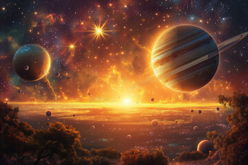 Wall Mural - surreal solar system: a celestial canvas of wonders and imagination. generative ai