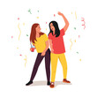 Vector illustration of girls having fun at a party.Cartoon scene of cheerful girls dancing, singing at a party, holding a drink with a straw,colorful streamer isolated on white background.Celebration.