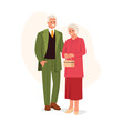 Vector illustration of a beautiful elderly couple. Cartoon scene of smiling gray elderly man and woman in elegant clothes: green suit with tie, vest, skirt, long blouse with bow, bag, earrings.