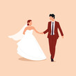 Vector illustration of happy bride. Cartoon scene of bride and groom in love holding hands isolated on beige background. Bride in a white wedding dress, veil, pearl necklace, earrings.Groom in a suit.
