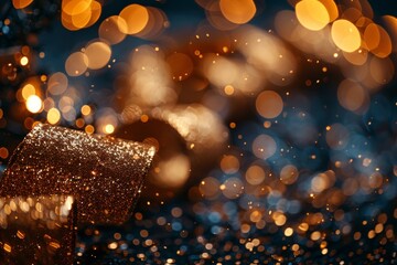 Poster - A glitzy image spotlighting a golden glitter-covered gift box amidst a dreamlike bokeh backdrop, evoking a sense of celebration and luxury