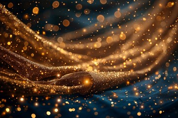 Poster - An elegant image capturing gold sparkling fabric undulating against a backdrop of enchanting bokeh lights, conveying richness and luxury