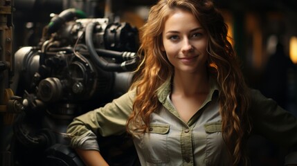 Wall Mural - Smiling woman with curly hair in front of camera equipment