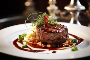 Wall Mural - Delicious grilled steak with red wine sauce and mashed potatoes