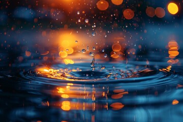 Poster - Vividly hued water droplets create circular ripples on a water surface at golden hour