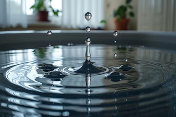 Poster - Macro shot capturing the stunning clarity and symmetry of water droplets suspended above a water surface, reflecting the environment