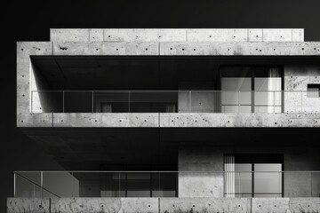 Poster - The monochromatic image highlights the geometric elegance and textures of a modern concrete building's façade