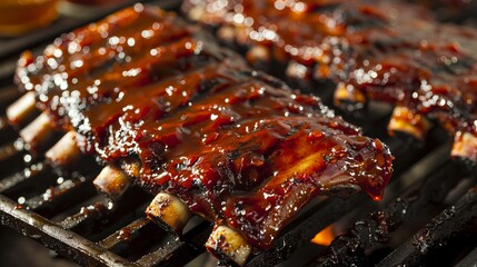 Wall Mural - Grilled pork ribs, tender and juicy, glazed with a sweet and tangy BBQ sauce, sit invitingly on a bed of caramelized honey.