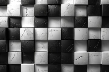 Poster - A 3D rendered wall with various shades of squares creating a textured, abstract black and white pattern
