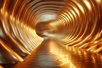 Poster - This image displays a hypnotic spiral tunnel bathed in golden light with a mirror-like reflective surface, invoking a sense of infinite depth