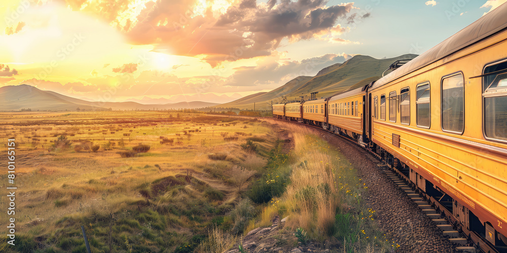 Closeup modern train in a scenic landscape, copy space. Detail of a ...