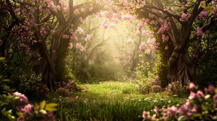 Poster - Dreamy scene of a sunlit pathway lined with blooming cherry trees in spring