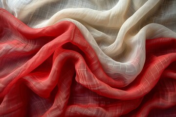 Poster - A luxurious close-up shot of silky red and white fabric waves, conveying a sense of elegance and fineness