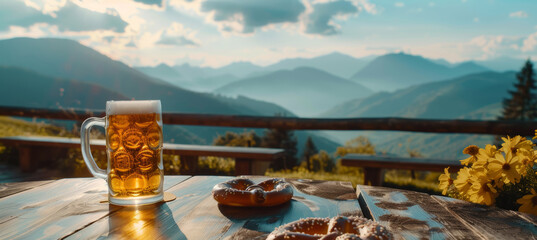 Wall Mural - Beer and Pretzel Against Mountain Backdrop