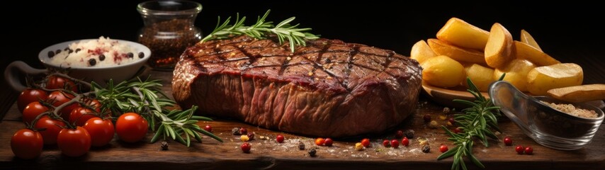 Wall Mural - Delicious grilled steak with roasted potatoes and fresh herbs