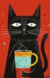 Black cat with a cup of coffee, stylish naive primitive hand drawing