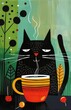 Black sleepy cat with a cup of coffee, stylish naive primitive hand drawing